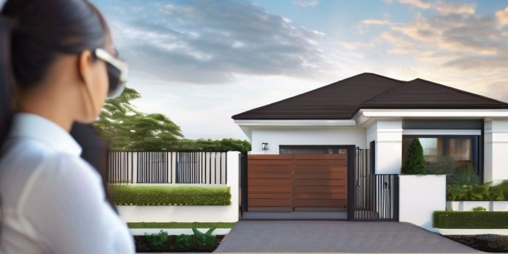 a woman looking at a house with brown gate