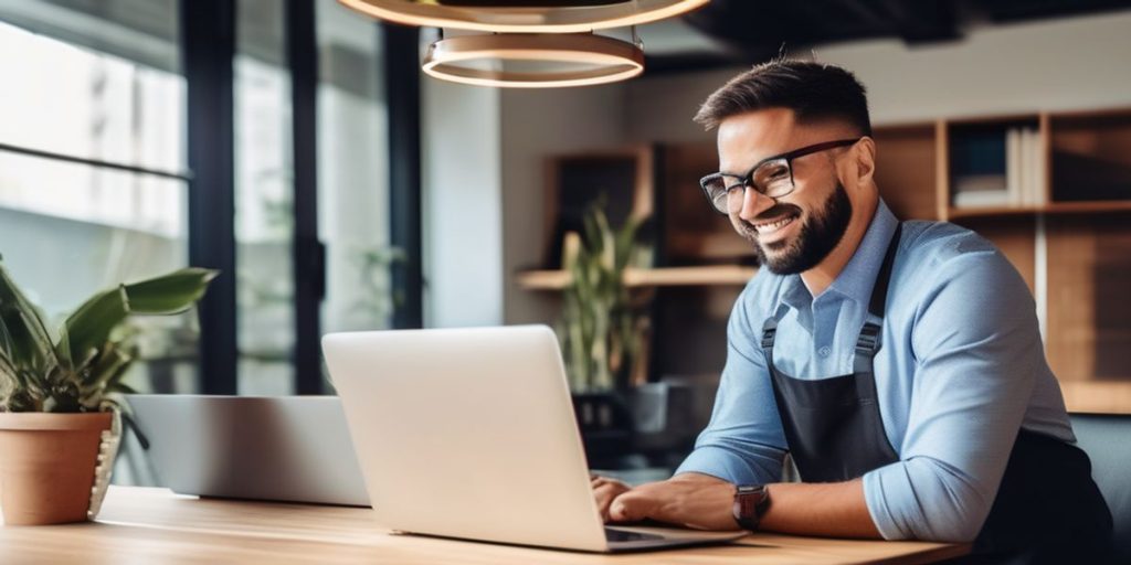 A man smiling at his laptop