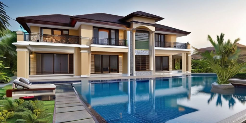 a huge two-storey house with big swimming pool in front