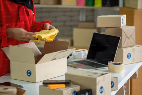 A laptop on a table surrounded with boxes