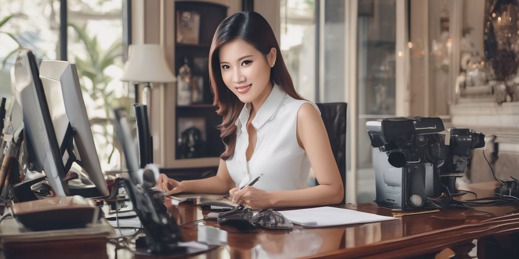 A woman working on her desk