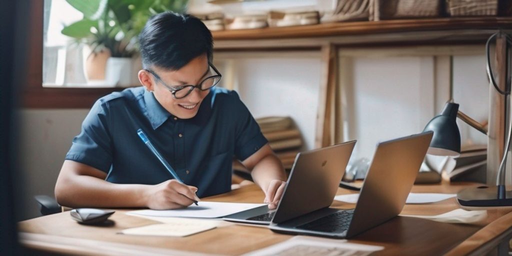 A man with glasses working on his laptop