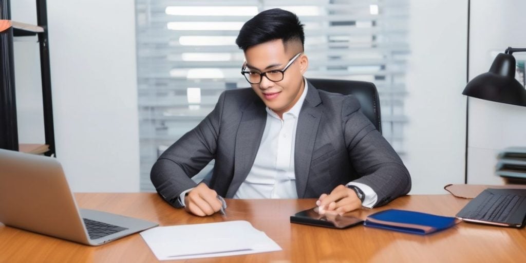 A man with glasses working