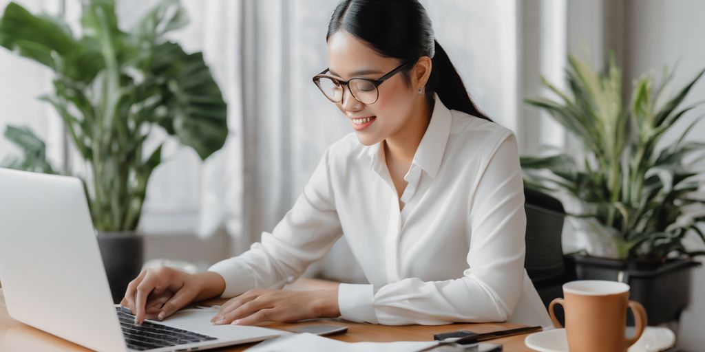 A woman with glasses working on her desk