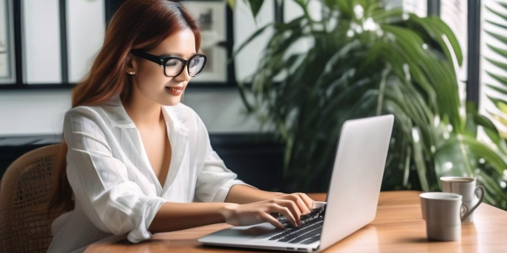 A girl wearing white working on her laptop