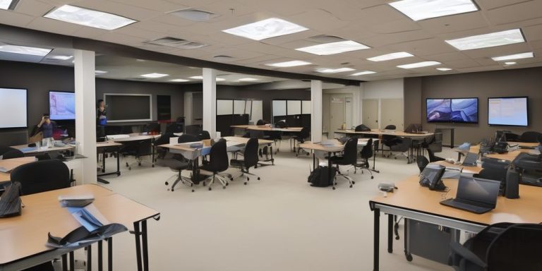 An empty office with plenty of office chairs