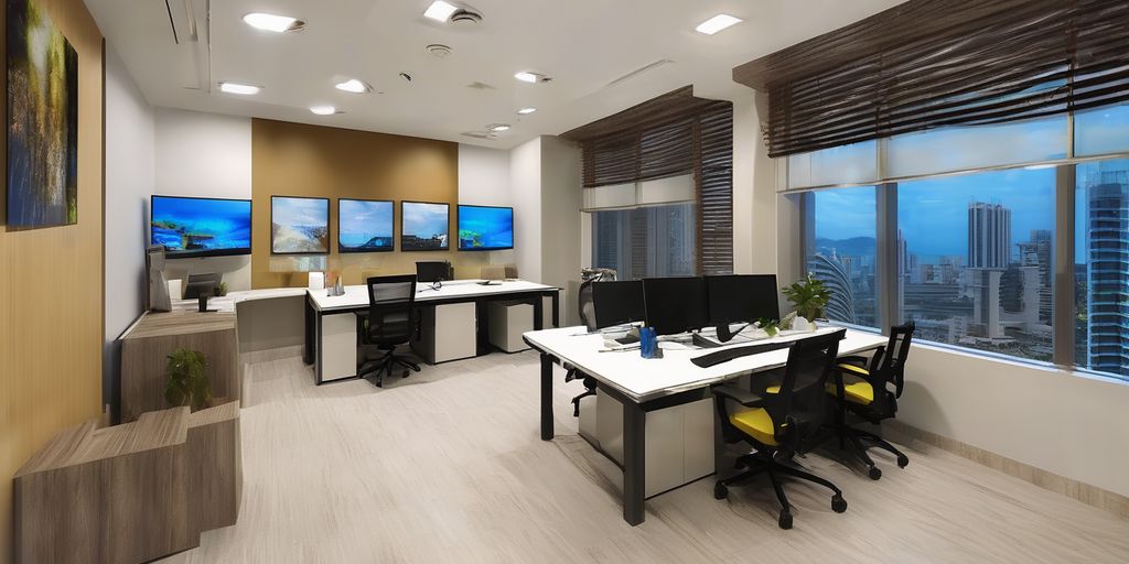 An empty office with plenty of tables