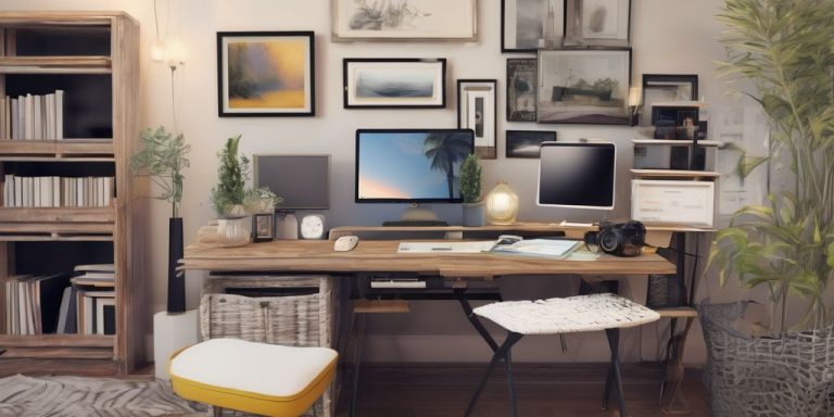 An office desk with a computer in the middle.