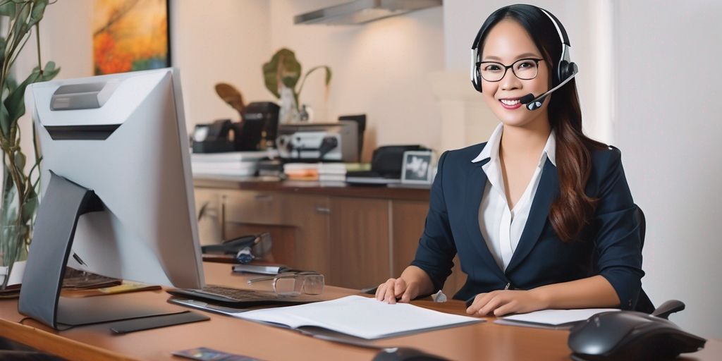 A woman with a headset smiling in front of her computer