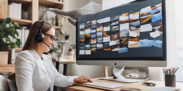 A woman facing a big computer screen