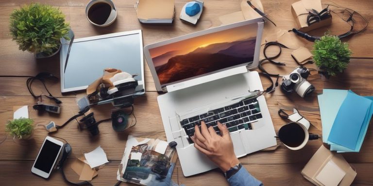 Open laptop in the middle of a cluttered desk