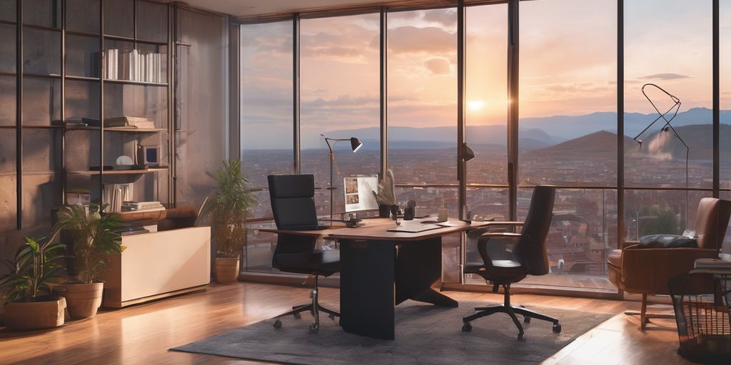 A beautiful office with glass walls facing the city