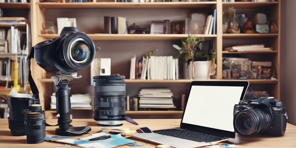 An office desk with an open laptop, cameras and lenses