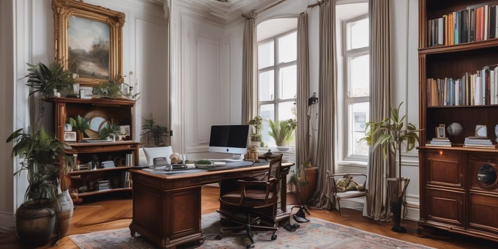 An empty office with a desk, chairs and a shelf of books