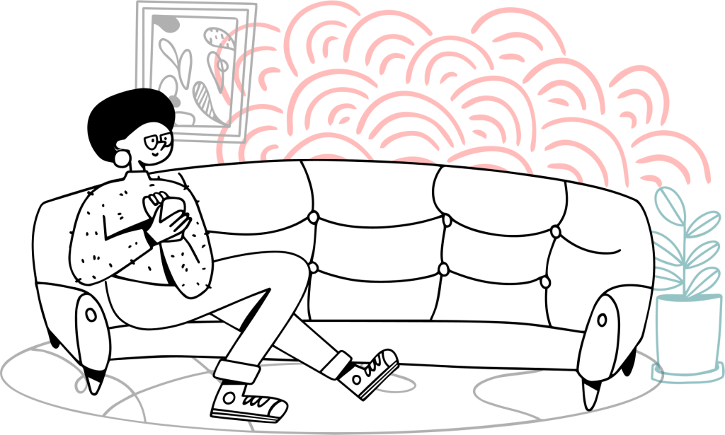 A cartoon illustration of a woman sitting on a couch