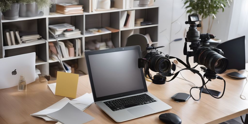 Computer and cameras on top of a desk