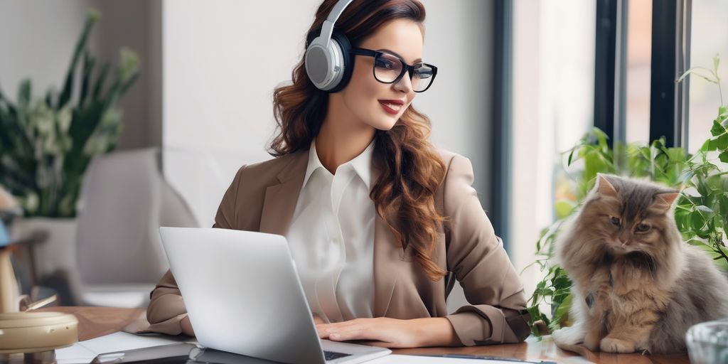 A woman with a headset in front of her laptop