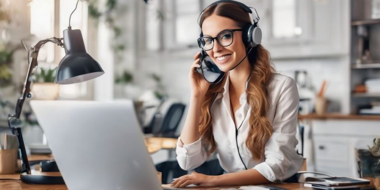 Woman talking on the phone in front of laptop