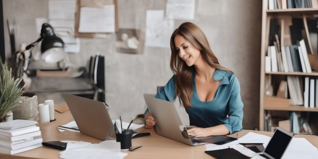 A woman wearing blue working on her desk