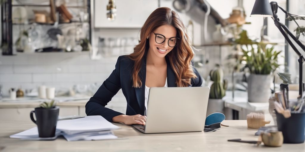 Woman with glasses working on her laptop