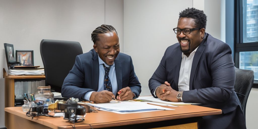 Two people smiling in an office