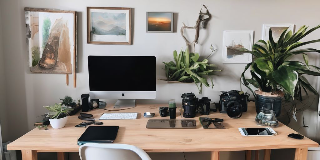 An Apple computer on a wooden desk