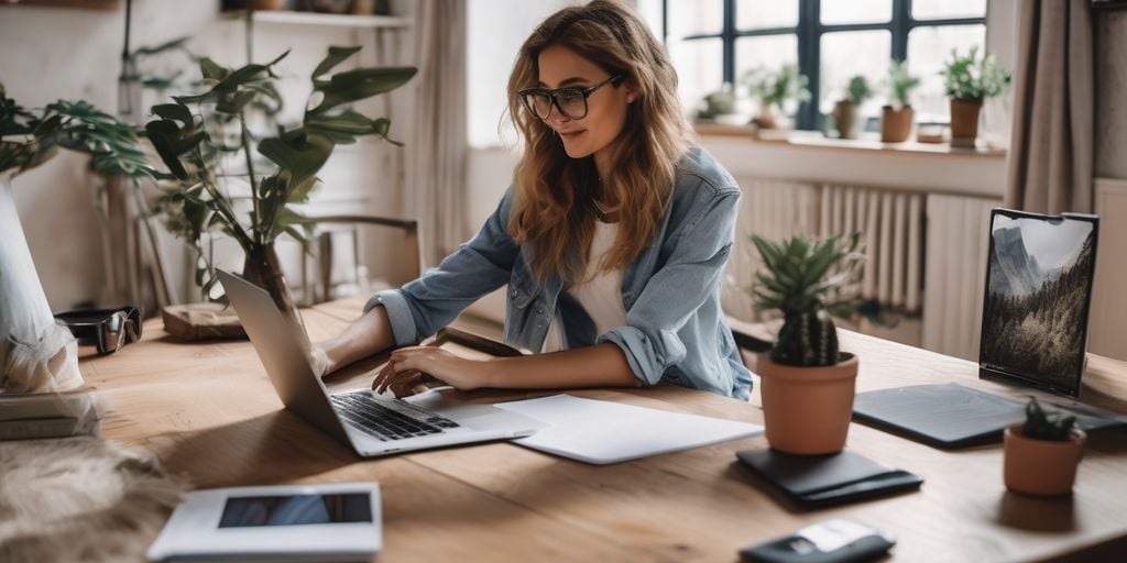 A woman wearing glasses working on her desk