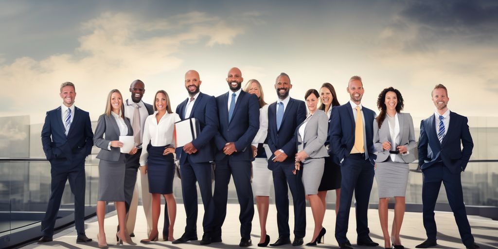 Several corporate people standing on the rooftop