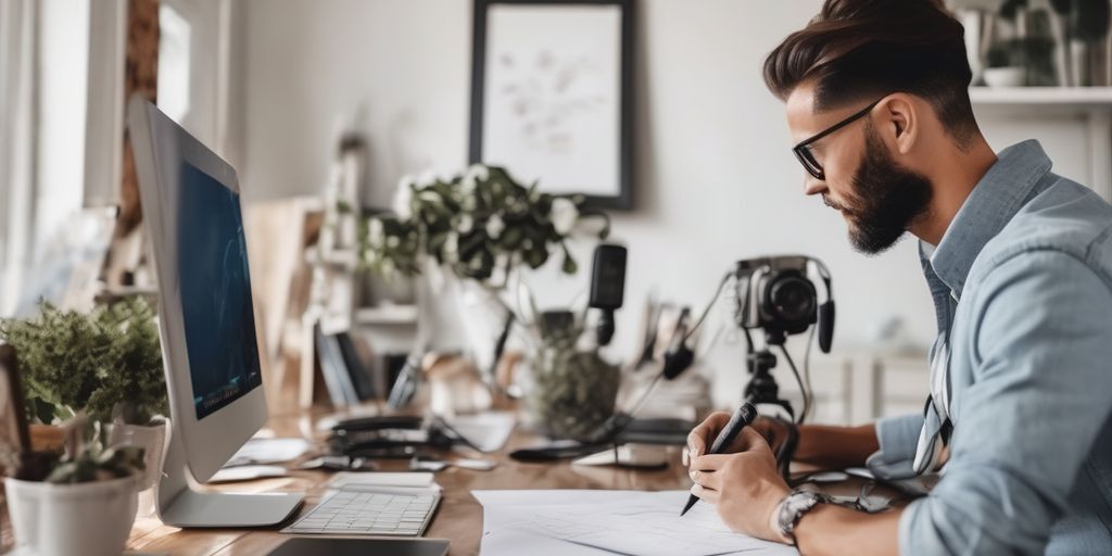 A man wearing glasses working on his desk