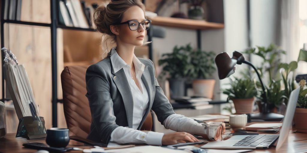 A woman with a Gray coat working on her desk