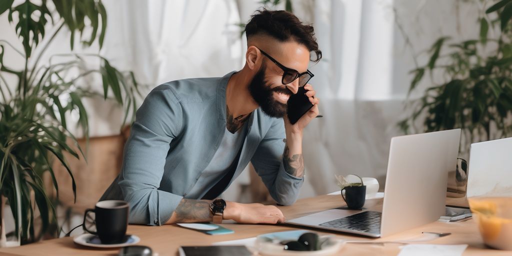 A man wearing glasses working on his desk