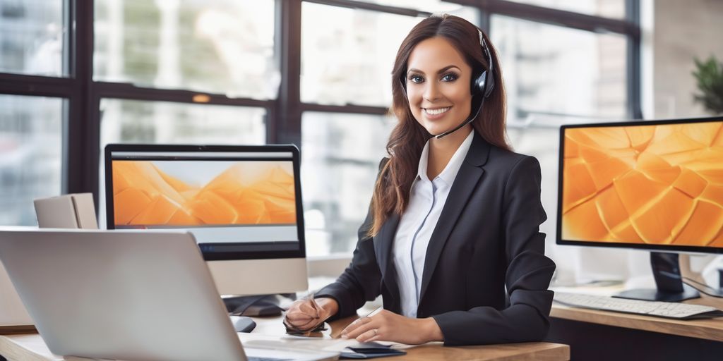 A smiling woman wearing a headset