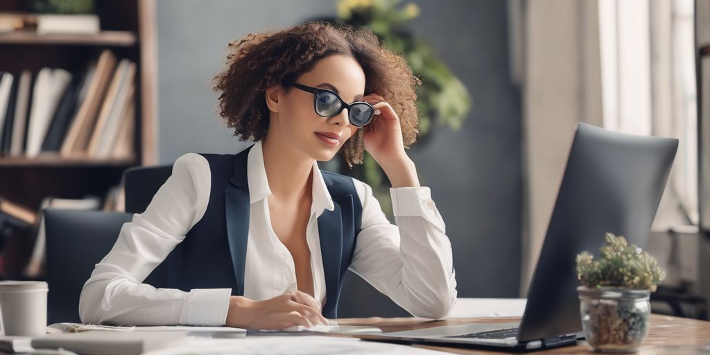 A woman wearing glasses working on her desk