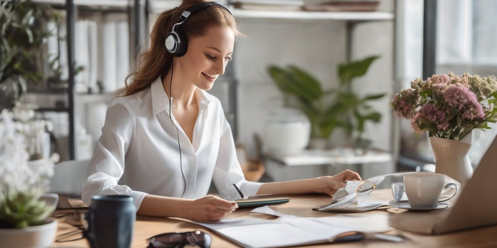 A woman wearing White working on her desk