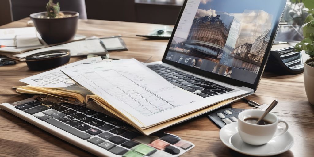 A laptop on a table with coffee and a notebook