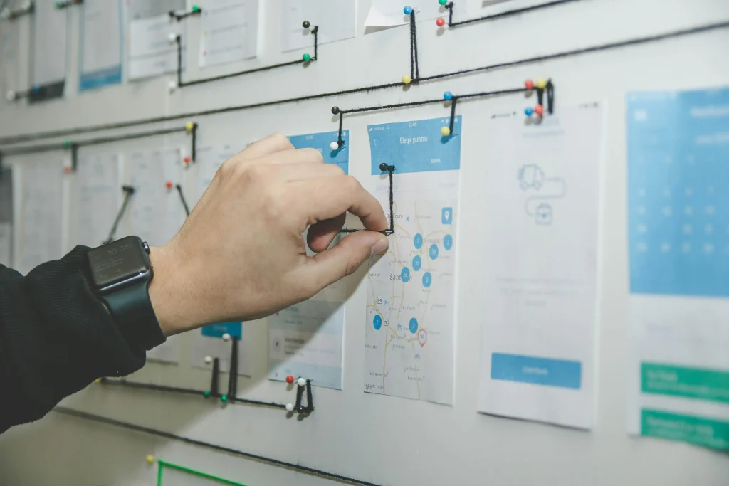 A detailed mapping and planning board, used for project management or logistics.