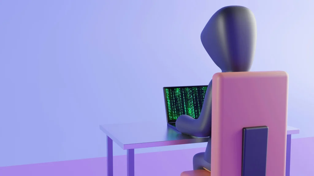 3D figure at a desk working on a laptop displaying green code.