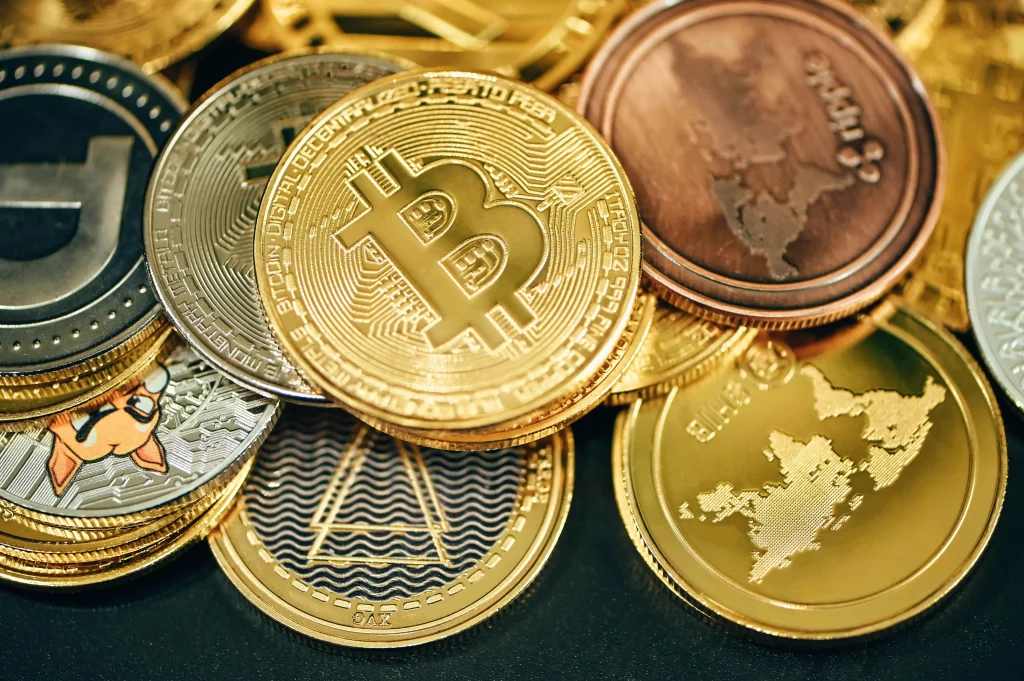 A collection of cryptocurrency coins, emphasizing digital finance and blockchain technology.